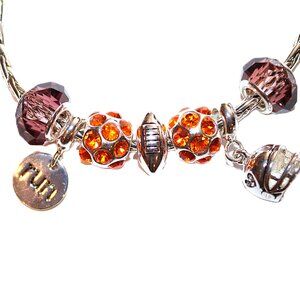 DaVinci Charm Bracelet 8" w/ 7 Beads - Football Helmet Sports "Run" Orange CZ